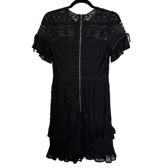 Parker Short Sleeve Lace & Lace Up Front Tiered Ruffled Black Lined Midi Dress - Picture 6 of 16